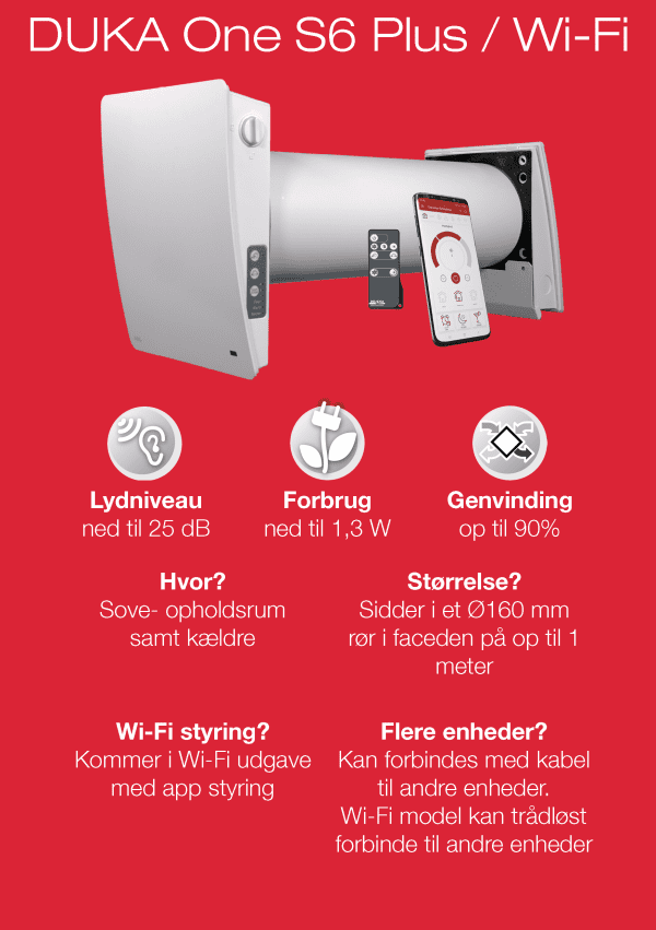 Produktkort for DUKA One S6 Plus / Wi-Fi med lydniveau, forbrug og genvinding