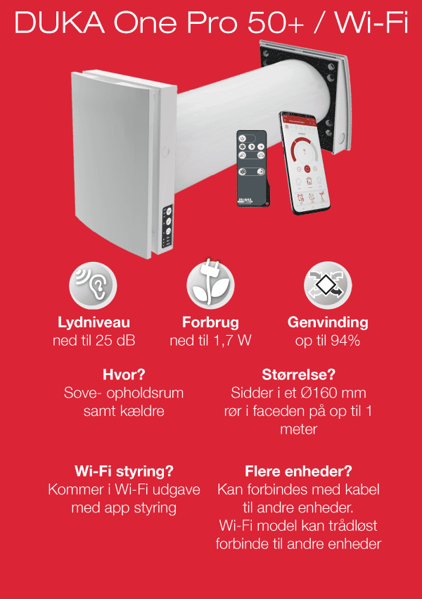 Produktkort for DUKA One Pro 50+ / Wi-Fi med lydniveau, forbrug og genvinding